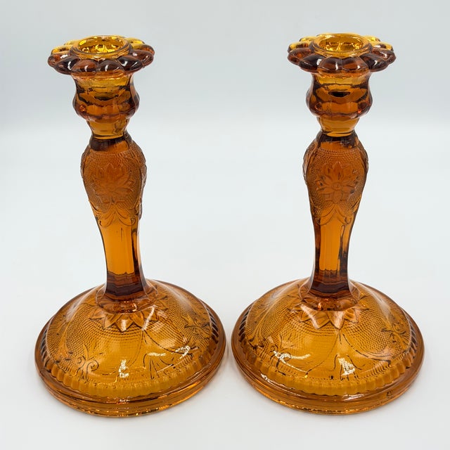 Glass 1960s Brockway Indiana Glass Large Tiara Amber Sandwich Candlesticks 9" Set For Sale - Image 7 of 7