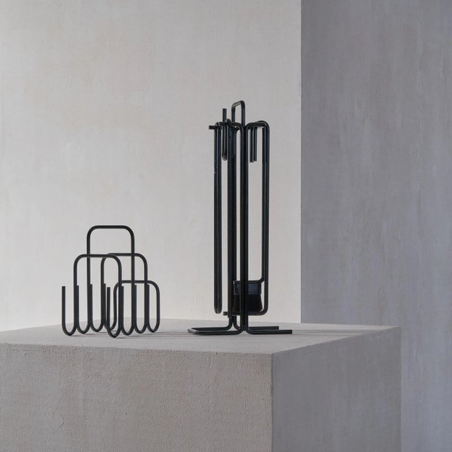 A stunning modernist fireplace set & literature holder by ann maes for mace-line, 1977, belgium / the netherlands. This...