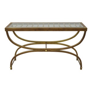 Hollywood Regency Gold Iron Curule X-Frame Glass Top Lattice Console Sofa Table For Sale