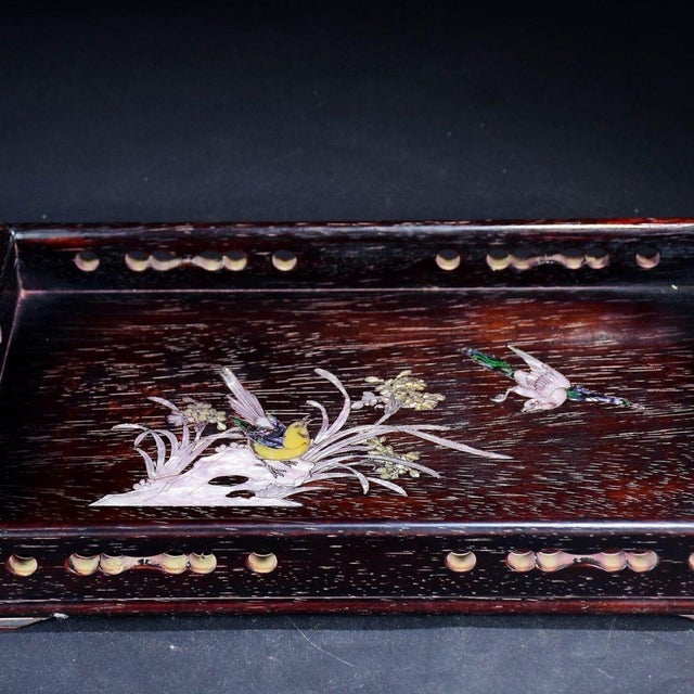 Wood Vintage Zitan Wood Tray With Mother-of-Pearl Bird & Floral Inlay For Sale - Image 7 of 9