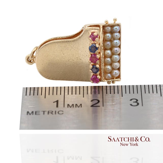 14k Solid Yellow Gold Pearl and Multicolor Gemstone Piano Charm Pendant For Sale - Image 10 of 11