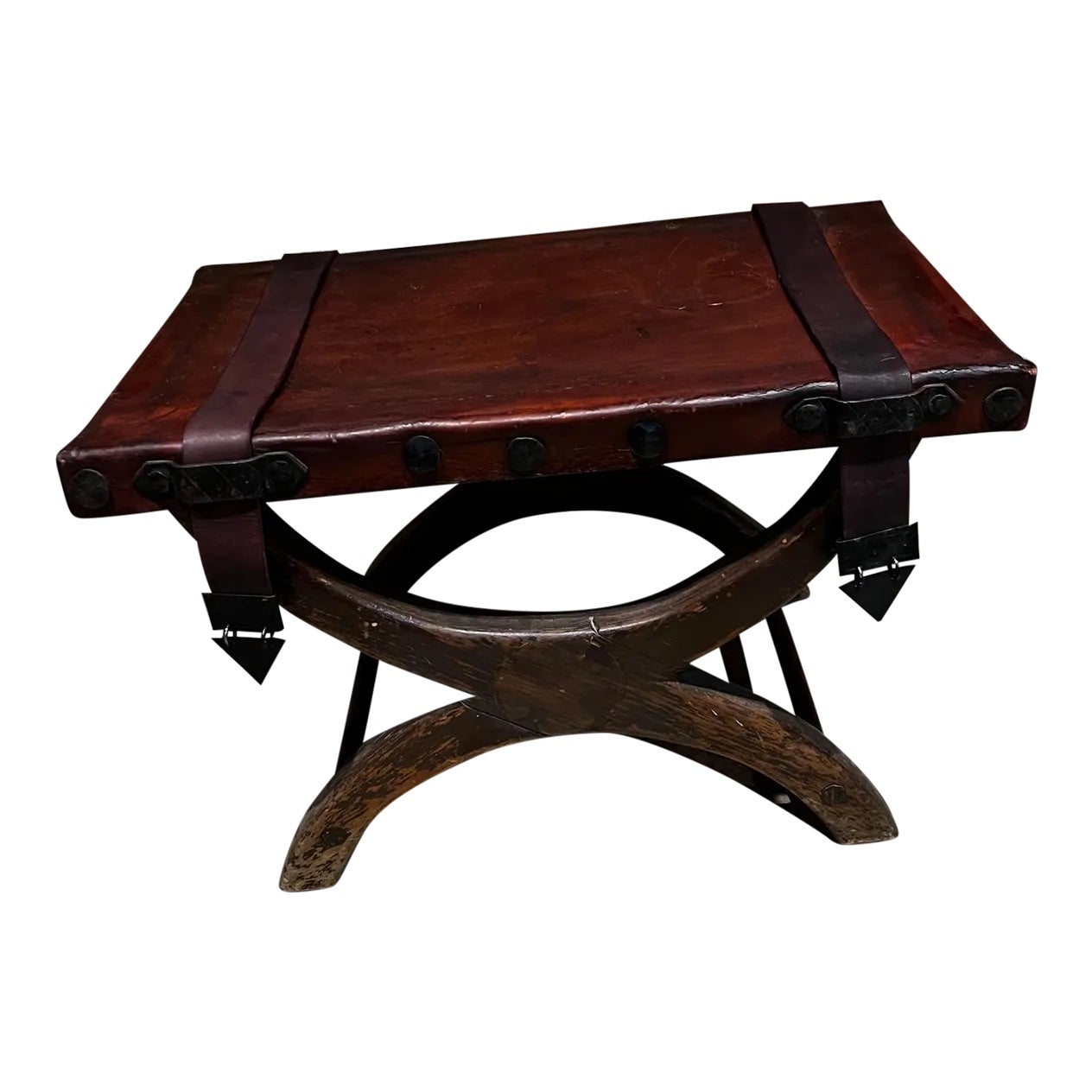 1940s Spanish Colonial Curule Stool Leather Mahogany | Chairish