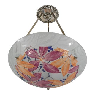 Loys Lucha French Art Deco Pendant Light 1930s - Red Orange Floral Enameled Bowl For Sale