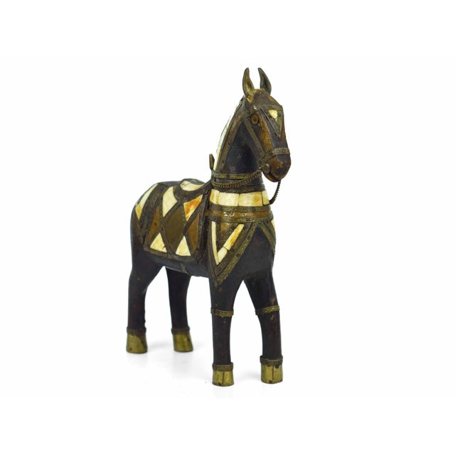 English Vintage Hand Carved Wood & Mosaic Brass and Copper Inlaid Horse Figurine For Sale - Image 3 of 11