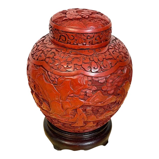 Early 20th Century Post Qing Dynasty Cinnabar Ginger Jar & Stand For Sale