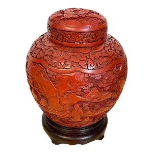 Early 20th Century Post Qing Dynasty Cinnabar Ginger Jar & Stand