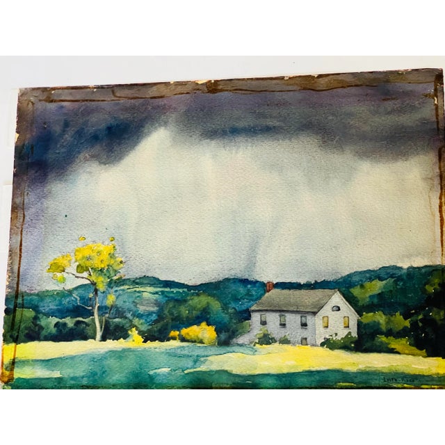 Blue Vintage Framed Watercolor Stormy Farm Landscape For Sale - Image 8 of 11