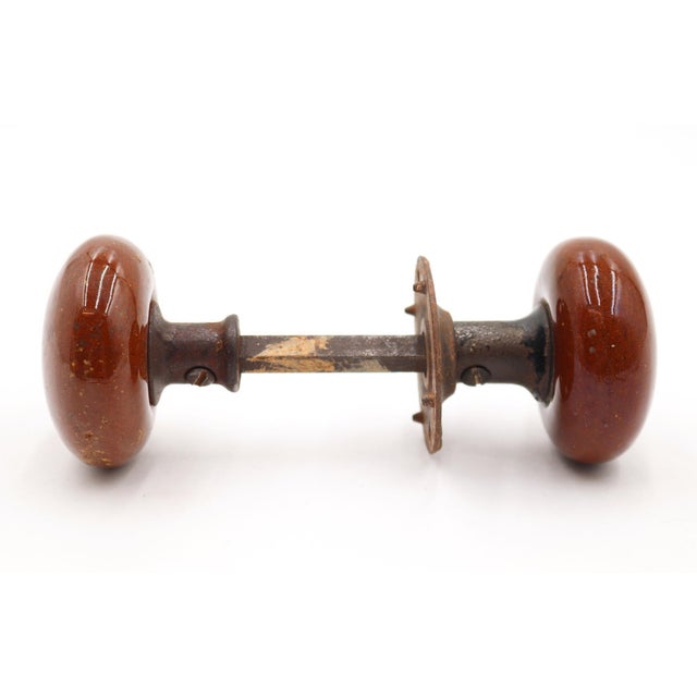 Traditional Vintage Reddish Brown Ceramic Passage Door Knob Set For Sale - Image 3 of 5