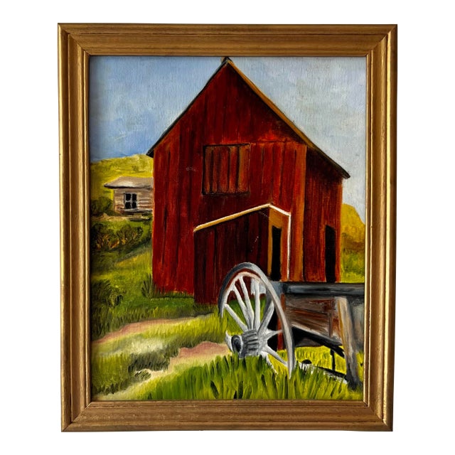 Late 20th Century Vintage Framed Colorful Farm Barn Landscape Painting in Gold Gilt Frame For Sale