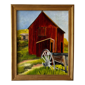 Late 20th Century Vintage Framed Colorful Farm Barn Landscape Painting in Gold Gilt Frame