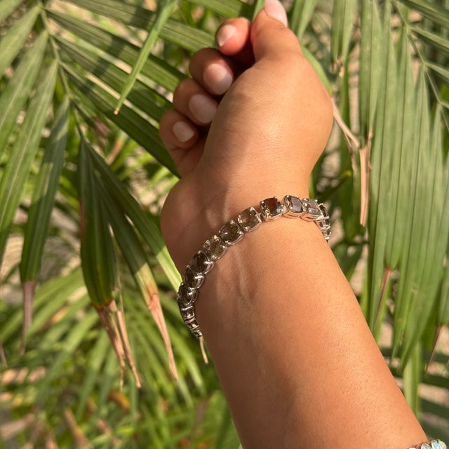 6x6 Mm Cushion Cut Smoky Topaz Tennis Bracelet in 925 Silver by Caratandher For Sale - Image 4 of 11
