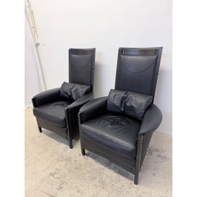 Wood Umberto Asnago Black Leather Peggy Lounge Chairs for Georgetti, 1990s - A Pair For Sale - Image 7 of 18