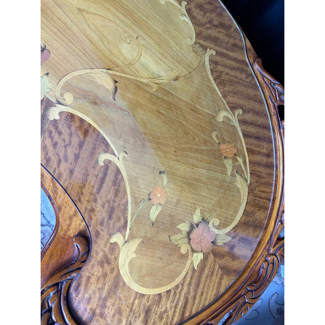 Vintage French Provincial Marquetry Inlay Serpentine Kidney Coffee Table With Glass Top For Sale - Image 10 of 12