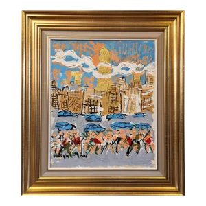 1998 Modern "City Tour" Vintage Cityscape Oil Painting by Uno Vallman, Framed