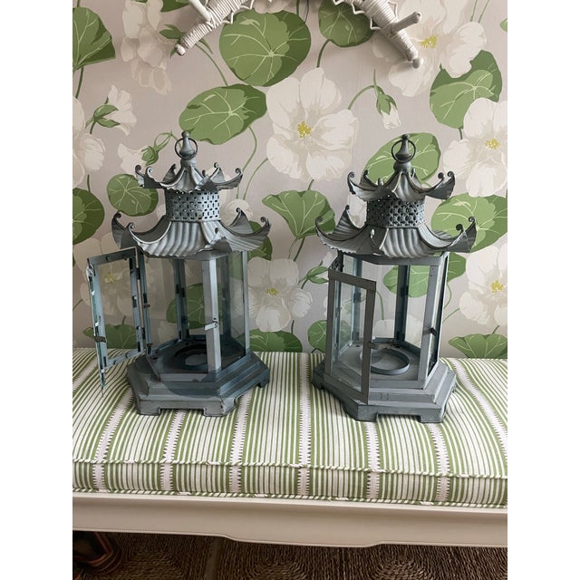 Metal Pair Vintage Pagoda Candle Lanterns For Sale - Image 7 of 12
