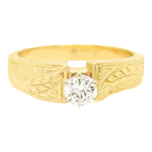 Signed Engraved Modernist 14 Karat Gold & Diamond Solitaire Engagement Ring