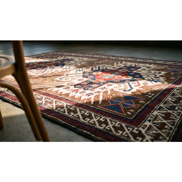 1880s Multibrown Medallion Antique Caucasian Zeychor Rug 3'7" X 5'6" Handknotted Wool Carpet For Sale In New York - Image 6 of 8