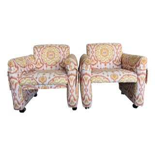 Vintage Pair of Upholstered Ikat Armchairs For Sale
