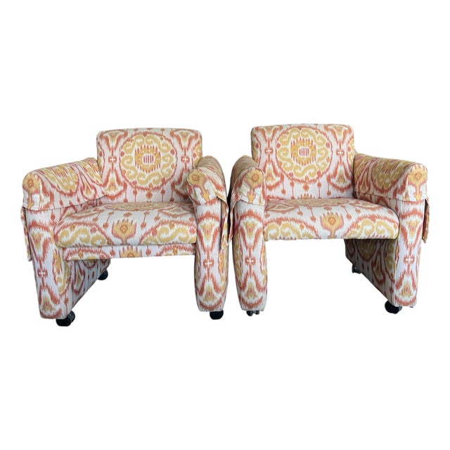 Vintage Pair of Upholstered Ikat Armchairs For Sale