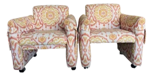 Vintage Pair of Upholstered Ikat Armchairs