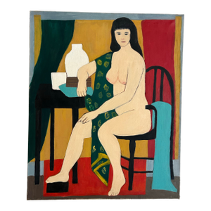 1970’s Original Modernist Abstract Female Nude in Interior Outsider Folk Art Oil Painting