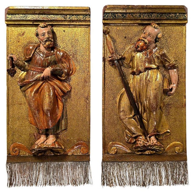 Spanish Artist, Polychrome Carved Reliefs of Saints, 1550, Wood, Set of 2 For Sale - Image 17 of 17