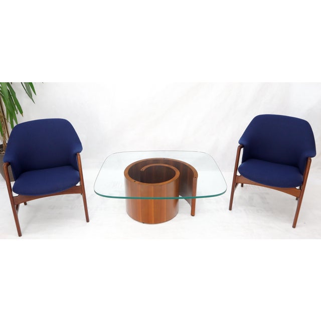 Danish Mid-Century Modern barrel backs new wool upholstery lounge chairs in style of Finn Juhl.