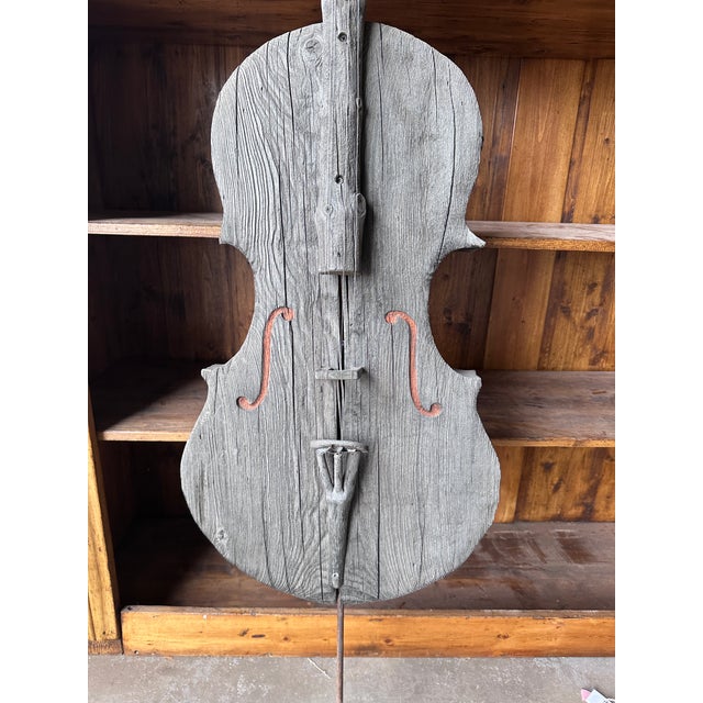 Large 67" Hand-Carved Wooden Cello Sculpture With Pinecone Tuning Pegs – Folk Art For Sale - Image 4 of 16