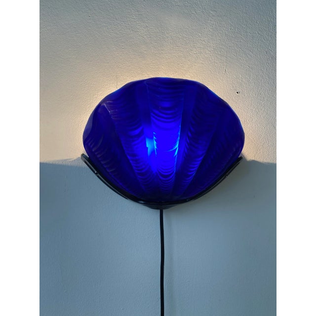1980s Vintage Sarsaparilla Cobalt Hand-Blown Glass Clam Shell Sconces, a Pair, Circa 1980s For Sale - Image 5 of 11