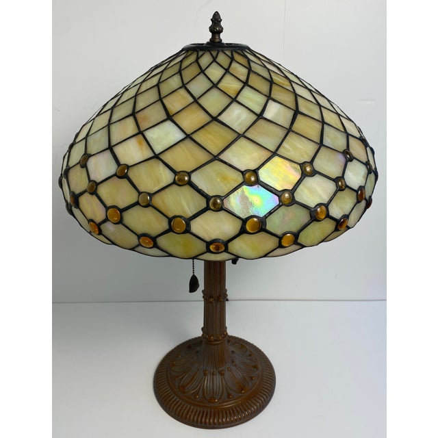 Metal Antique American Tiffany Style Leaded Stained Glass Table Lamp With Amber Jewels For Sale - Image 7 of 11