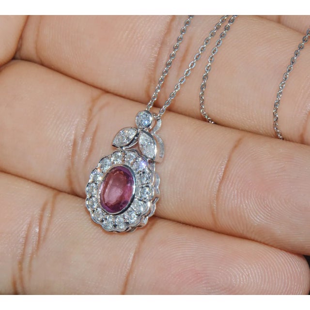 Gemstone GIA Certified Natural 2.35CTS VS F Diamond Pink Sapphire 18K Solid Gold Platinum Chain Necklace For Sale - Image 7 of 10