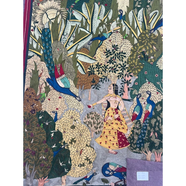 Vintage Silk Embroidered Peacock Garden Textile Wall Hanging | Large Mughal Inspired Folk Art Panel For Sale - Image 4 of 4
