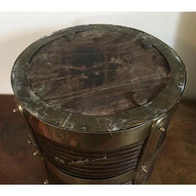 Antique 19th century Anglo Indian brass bound and carved wood peat bucket with turned, reeded design. Applied brass...