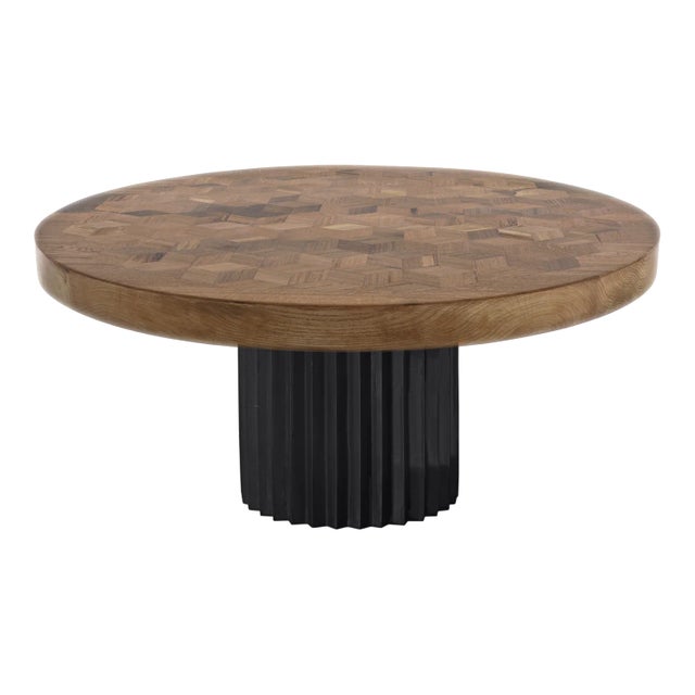 Doris Round Oak Marquetry and Blackened Cast Bronze Pedestal Dining Table by Fred & Juul For Sale