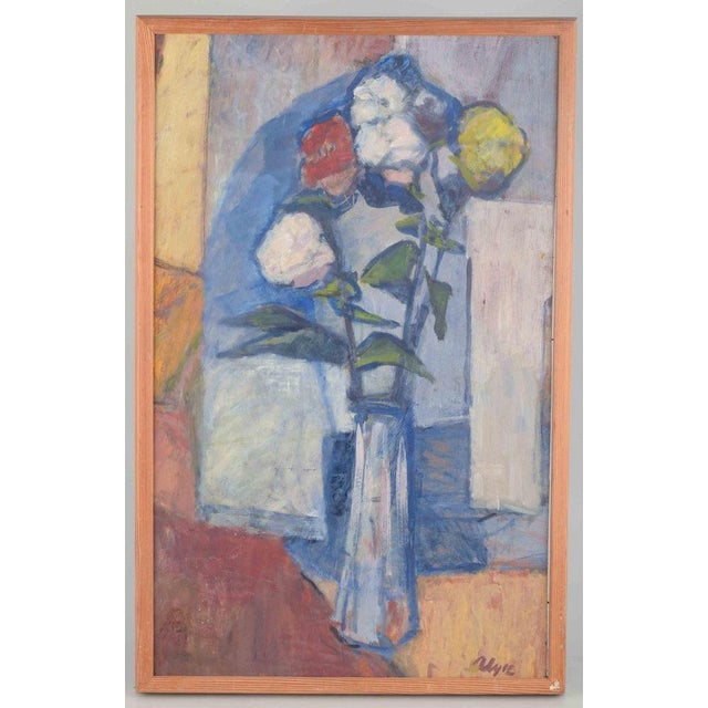 Ragnar Alyre (1894–1975) “Roses in Vase”. Oil on panel. A modernist still life with roses in a tall glass vase, executed...