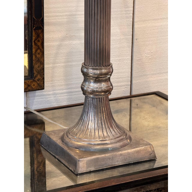 Metal Pair of Silver Column Lamps For Sale - Image 7 of 12