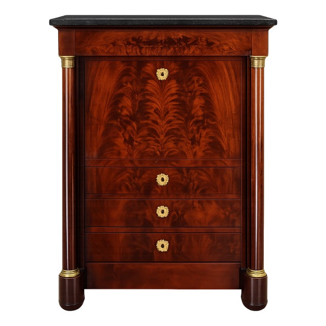 French Empire Secretaire in Flame Mahogany with Black Marble Top, 1800s For Sale