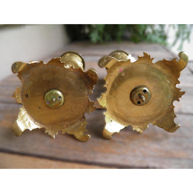 Brass Antique Ornate Brass & Etched Enamel Baroque Rococo Revival Candle Holders For Sale - Image 8 of 8