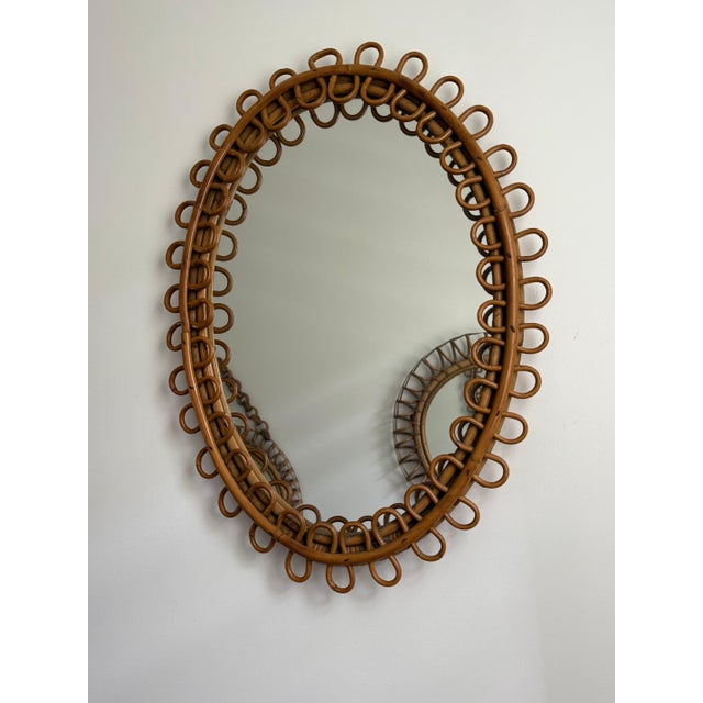 Vintage Oval Honey Rattan and Bamboo Wall Mirror, Italy, 1960s For Sale - Image 9 of 14