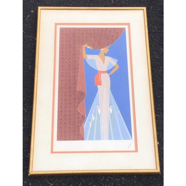Blue 1977 "The Curtain" Art Deco Serigraph Signed and Numbered 217/300 by Erte, Framed For Sale - Image 8 of 8