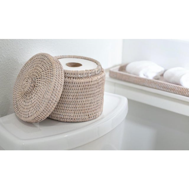 Boho Chic Artifacts Rattan Round Single Tissue Roll Box in White Wash For Sale - Image 3 of 6