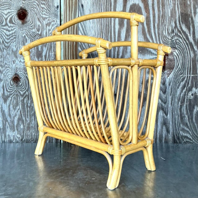 Coastal Vintage Coastal Rattan Newspaper Rack For Sale - Image 3 of 5