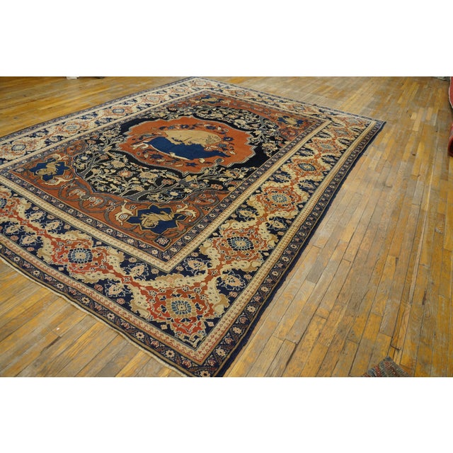 Navy Blue 1880s Red Animal Hunting Scene Antique Persian Khorassan Moud Rug 9' X 11' 8" Handknotted Wool Carpet For Sale - Image 8 of 18