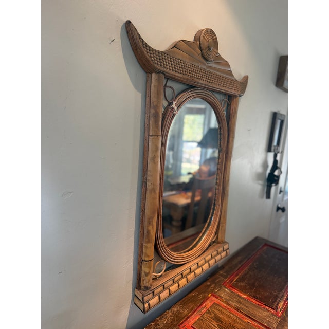Vintage pagoda-style wall mirror crafted from real split bamboo and wood, featuring hand-applied bamboo columns, carved...