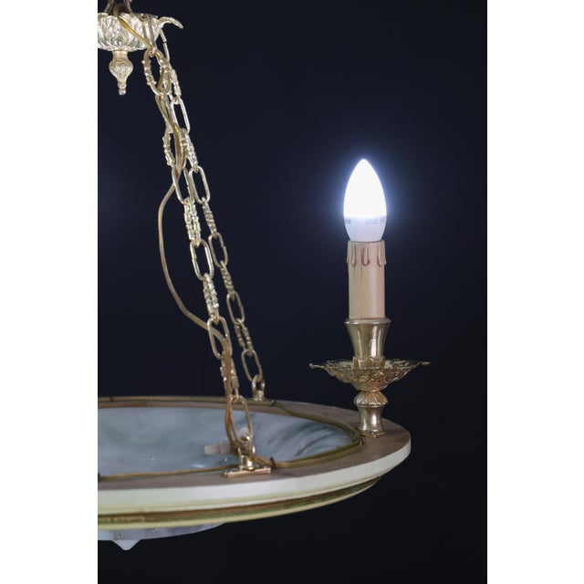1950s Masterpiece Art Deco Design White Alabaster Chandelier Circular Wooden Frame For Sale - Image 14 of 14