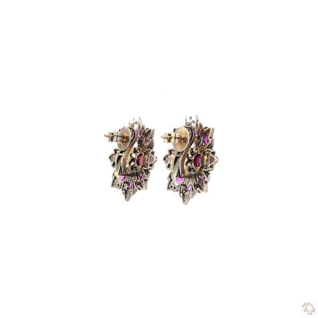 Metal 5.67 Carat Round Brilliant Cut Diamond Ruby Gold Earrings, Pair For Sale - Image 7 of 9