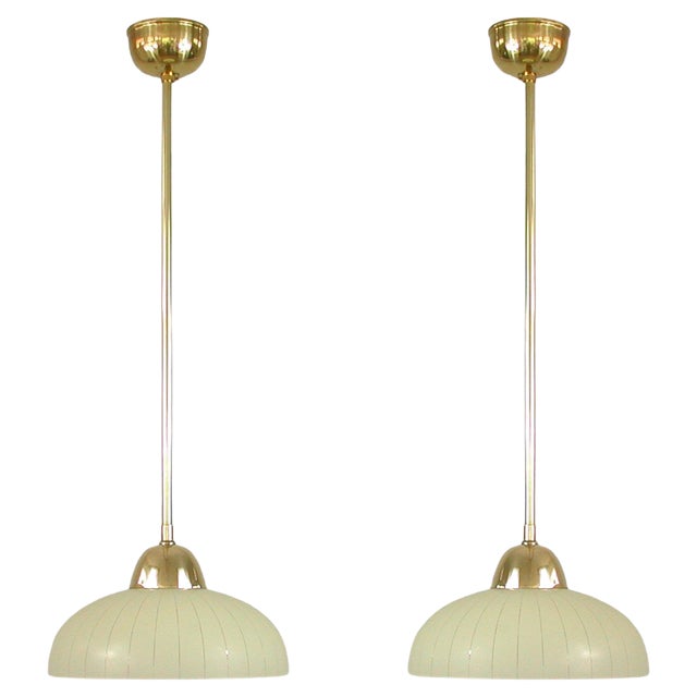Swedish Striped Glass and Brass Pendants, 1950s, Set of 2 For Sale