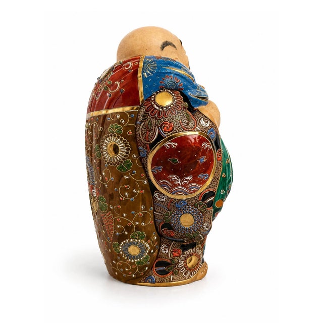 Ceramic Vintage Japanese Moriage Happy Buddha Figurine Large Hand Painted Laughing Buddha Statue For Sale - Image 7 of 10