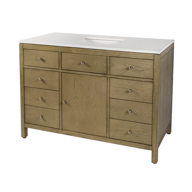 Nora 48 in. W Quartz and Wood Single Sink 8 Drawer Bathroom Vanity Set, Light Oak For Sale - Image 12 of 12