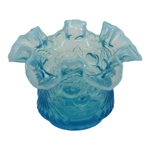 Wreathed Cherry LG Wright Style Blue Opalescent Glass Ruffled Vase